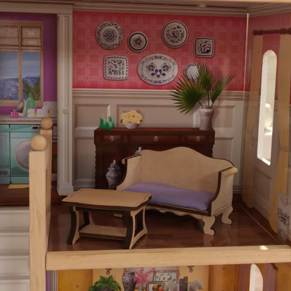 Detalle sofá y mesa del salón de kidkraft casa charlotte 65956