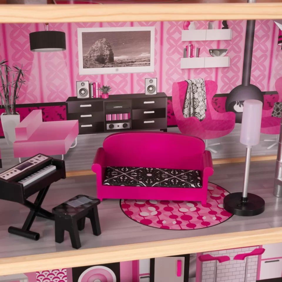 Detalle salón con sofá y lámpara de kidkraft casa de muñecas estilo mansion de lujo 65826