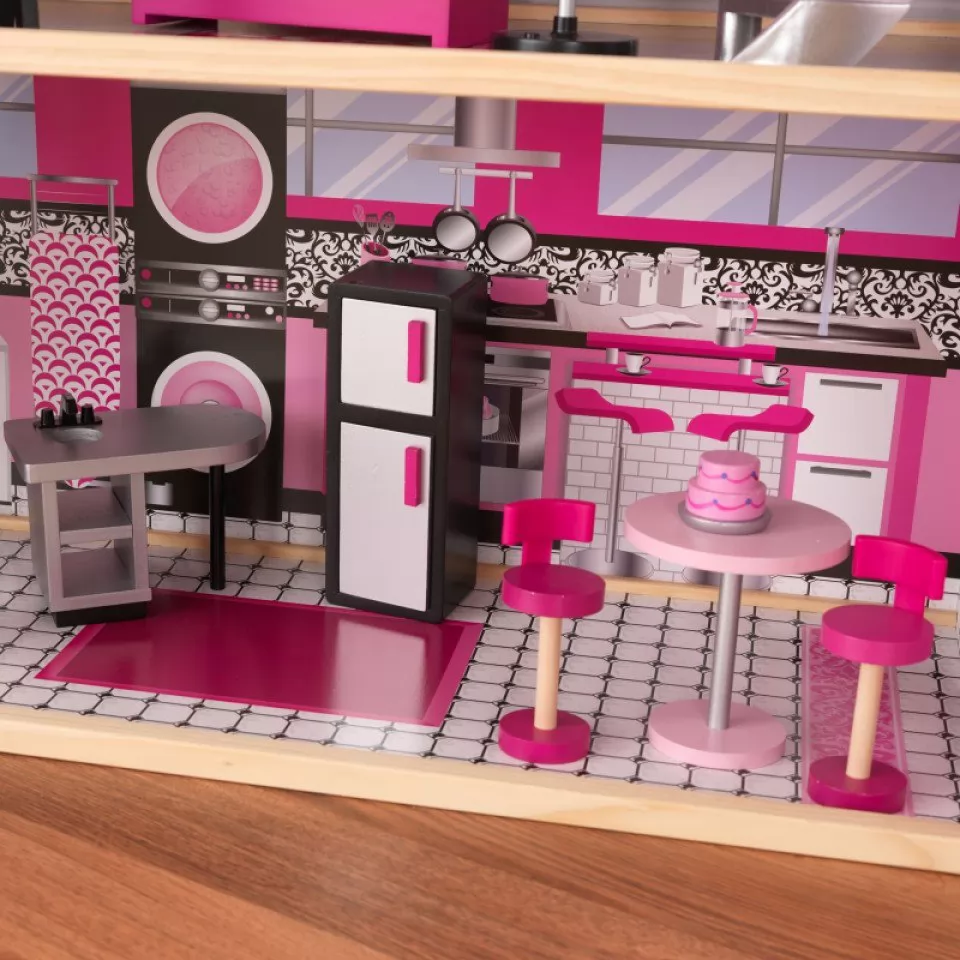 Detalle cocina con varios accesorios de kidkraft casa de muñecas estilo mansion de lujo 65826