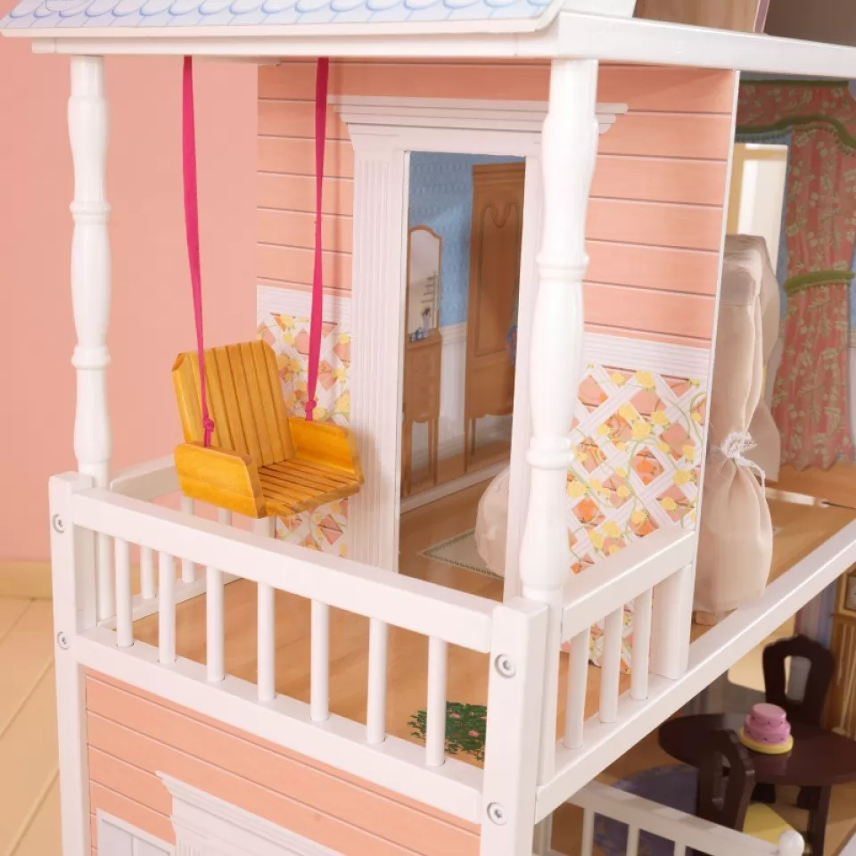 Detalle del balcón con columpio de kidkraft casa de muñecas savannah 65023
