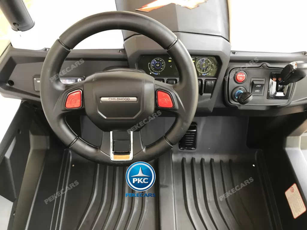 Coche electrico infantil Buggy UTV Blanco 2 plazas con el volante a la izquierda