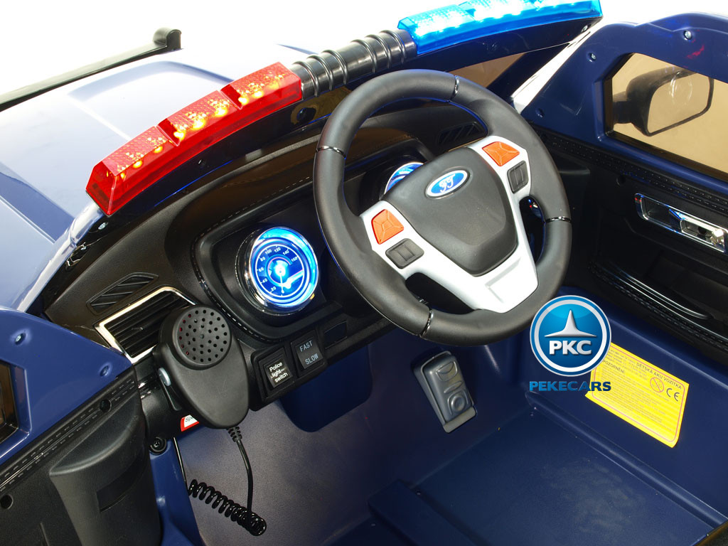 Coche electrico de policia para niños Azul volante con musica y claxon