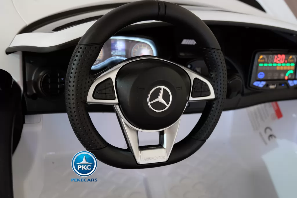 Coche electrico infantil Mercedes GTR 2 plazas Blanco volante con claxon y musica