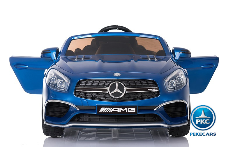 Coche electrico infantil Mercedes SL65 con MP4 y bateria extra Azul Metalizado vista frontal