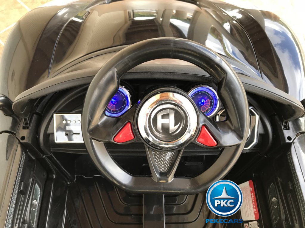 Coche electrico infantil Porsche style negro volante con musica y claxon