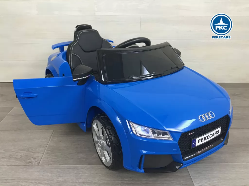 Coche eléctrico para niños Audi TT Azul vista 3/4 apertura de puertas