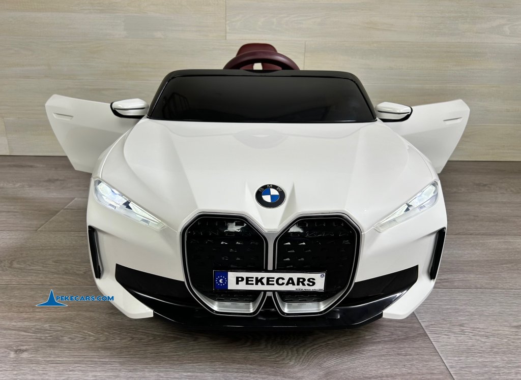 Coche eléctrico para niños BMW I4 12V 2.4G Blanco puertas abiertas