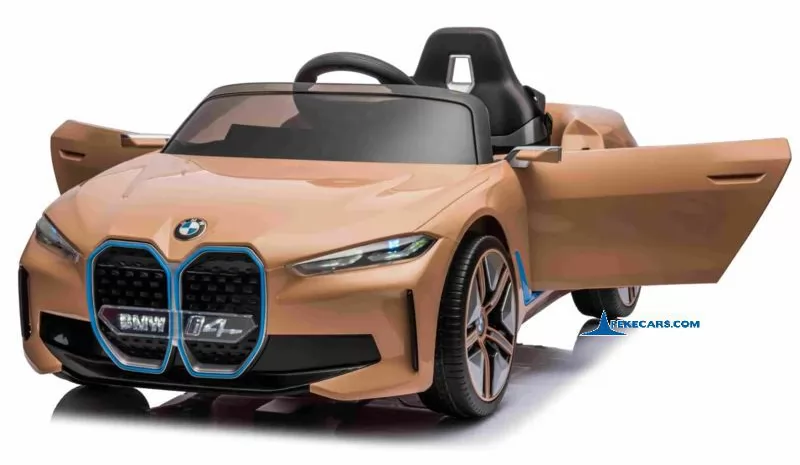 Coche eléctrico para niños BMW I4 12V 2.4G Dorado frontal puertas abiertas