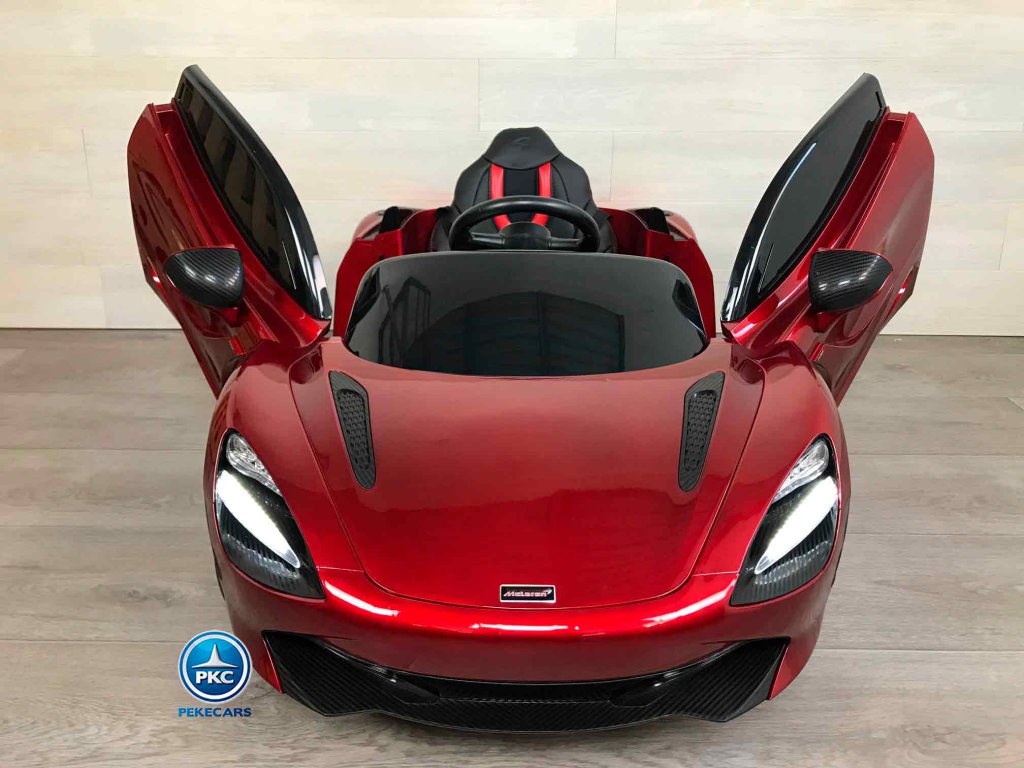 McLaren para niños 720S 12V con MP4 Rojo Pintado vista frontal con puertas abiertas