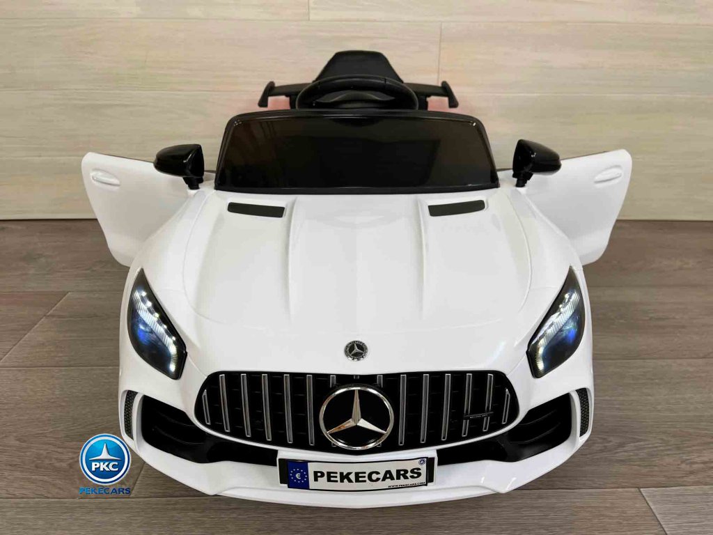 Coche electrico para niños Mercedes GTR 12V Blanco vista de frente puertas abiertas