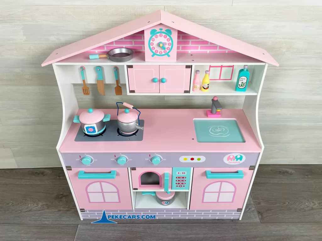 cocina de madera juguete rosa pastel accesorio vista frontal detalle
