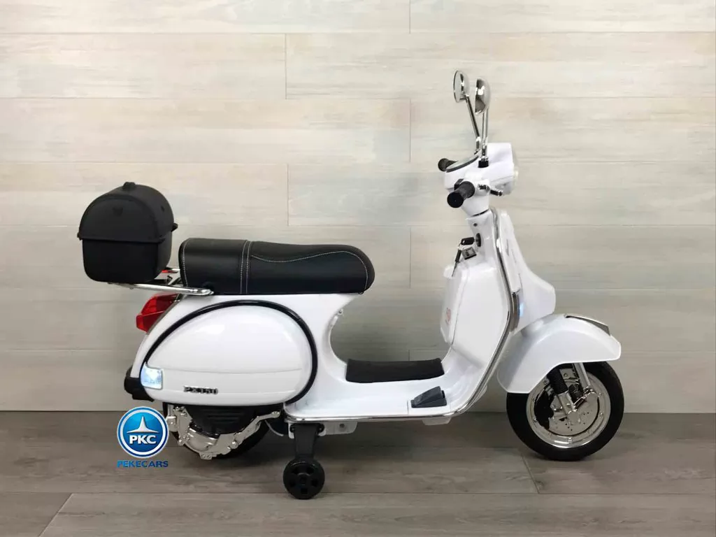 Moto electrica para niños Vespa Clasica Piaggio 12V Blanca vista lateral