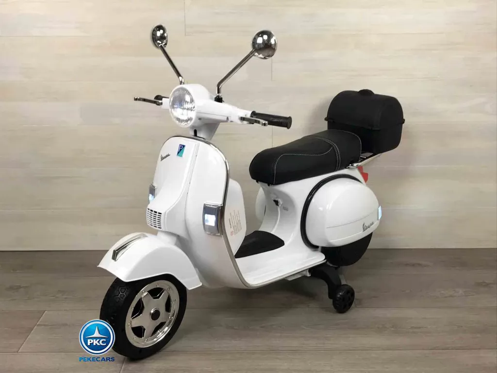 Moto electrica para niños Vespa Clasica Piaggio 12V Blanca vista de lado