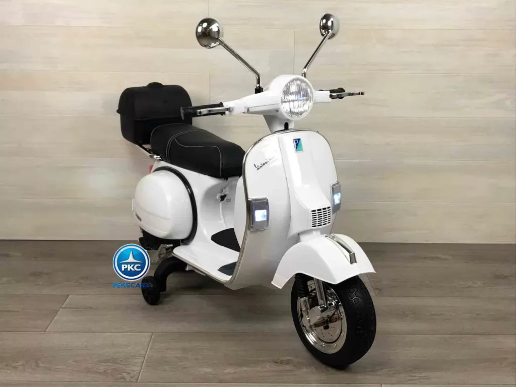 Moto electrica para niños Vespa Clasica Piaggio 12V Blanca vista de lado