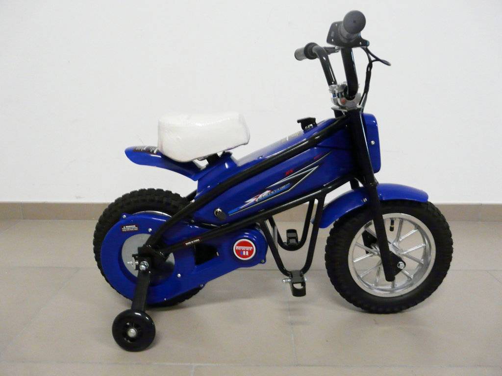 Moto electrica infantil Pekecars 24V 200W Azul lateral con ruedines