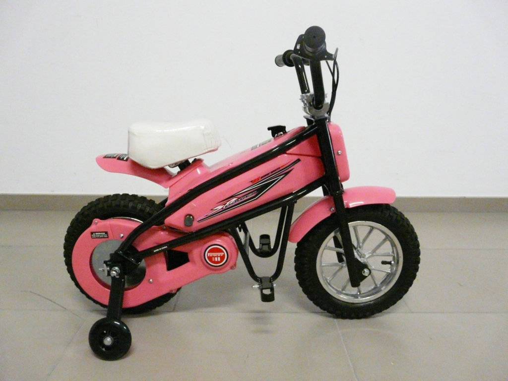 Moto electrica infantil Pekecars 24V 200W Rosa con ruedines de lado