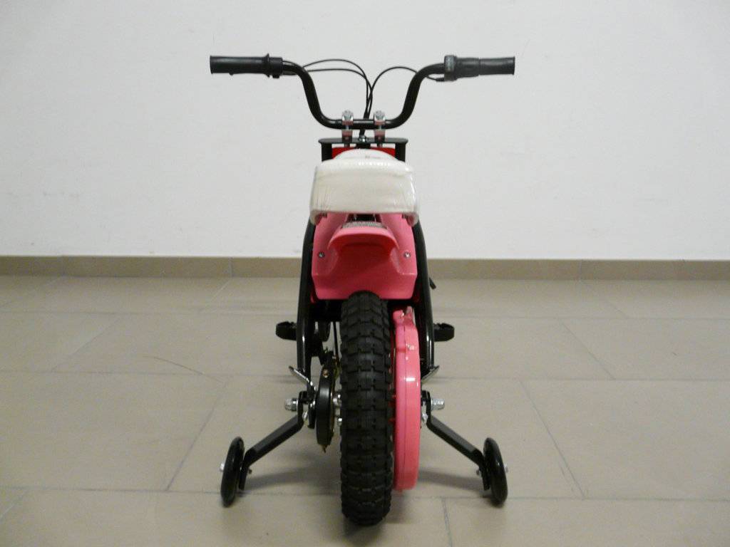 Moto electrica infantil Pekecars 24V 200W Rosa con ruedines vista trasera