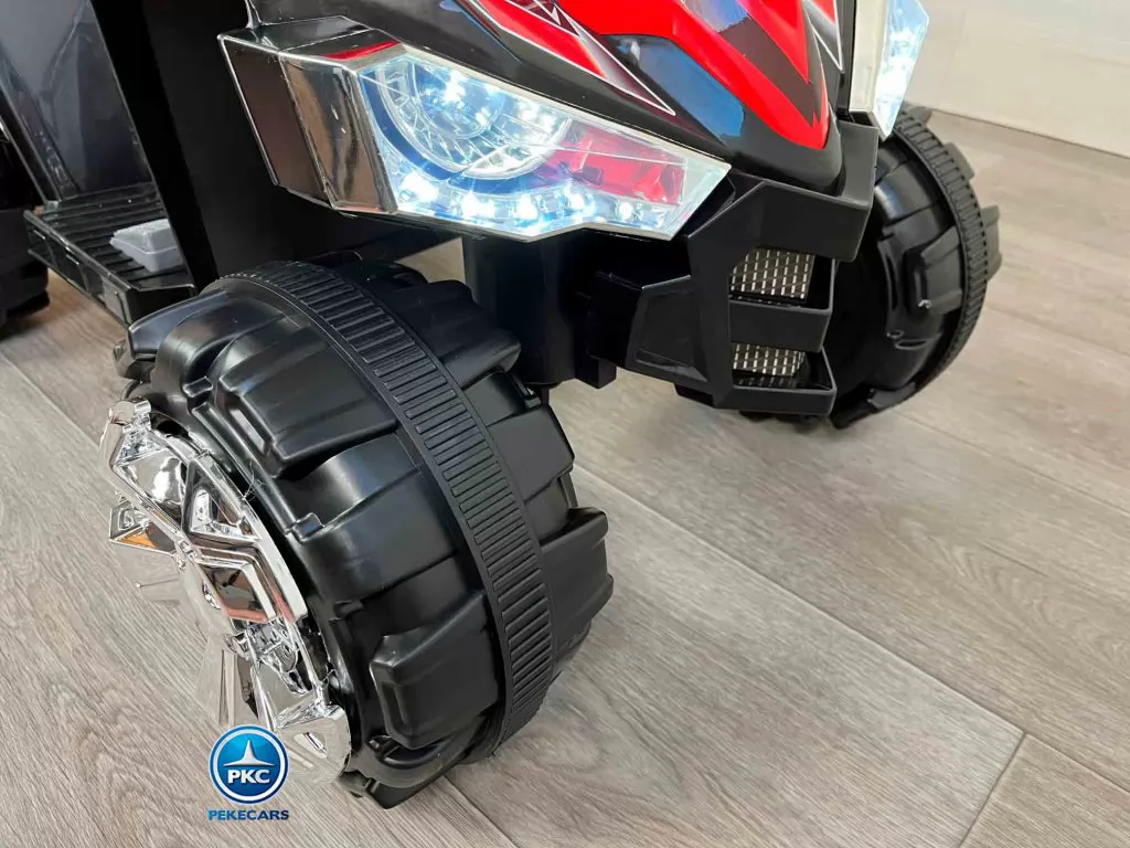 Quad eléctrico infantil Pekecars doble velocidad Negro vista rueda delantera