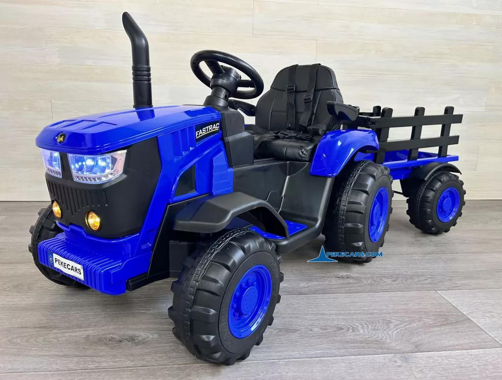 tractores infantiles peketrac 4200 12v azul con remolque frontal derecha