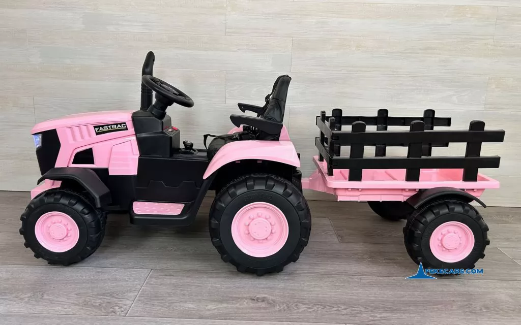 tractores infantiles peketrac 4200 12v rosa con remolque vista lateral derecha