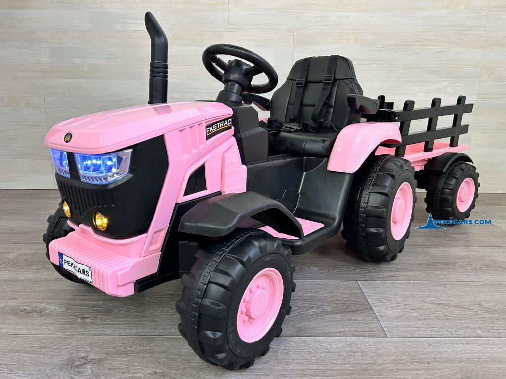 tractores infantiles peketrac 4200 12v rosa con remolque vista frente derecha