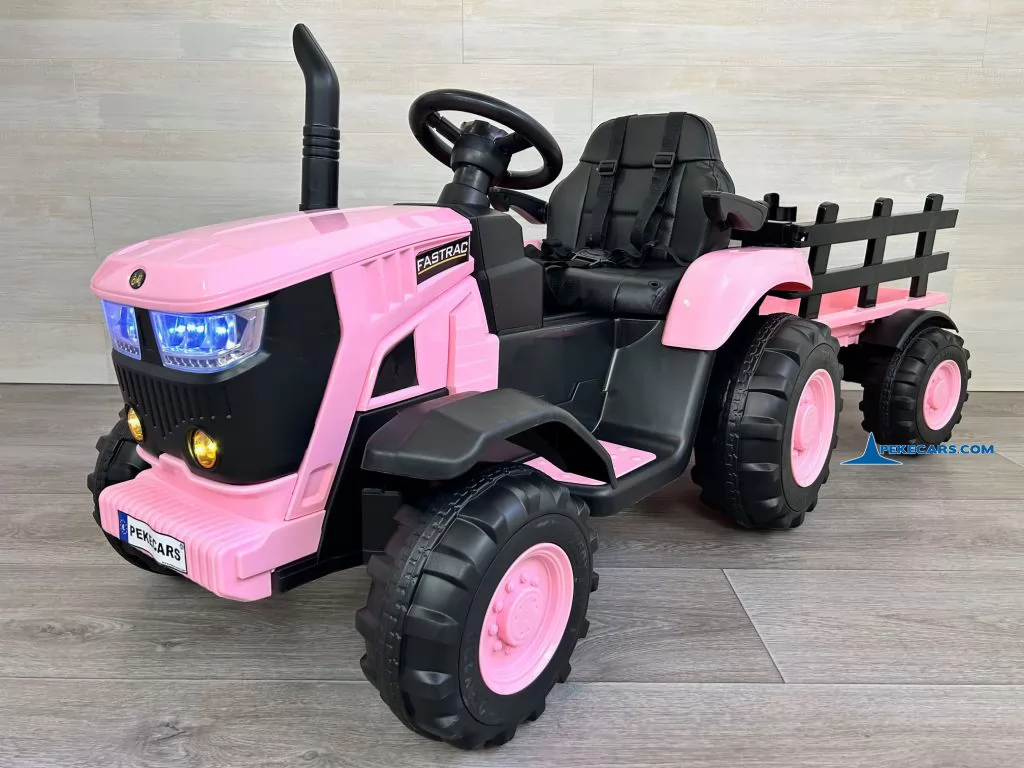 tractores infantiles peketrac 4200 12v rosa con remolque vista frente derecha