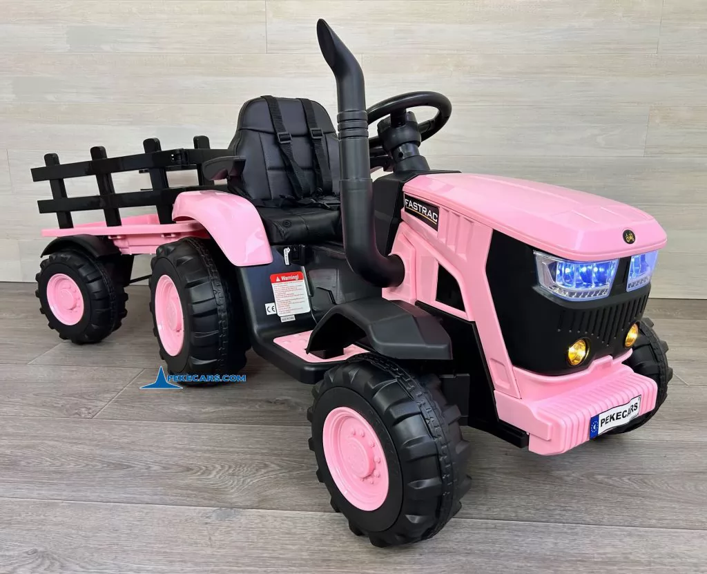 tractores infantiles peketrac 4200 12v rosa con remolque frontal izquierda