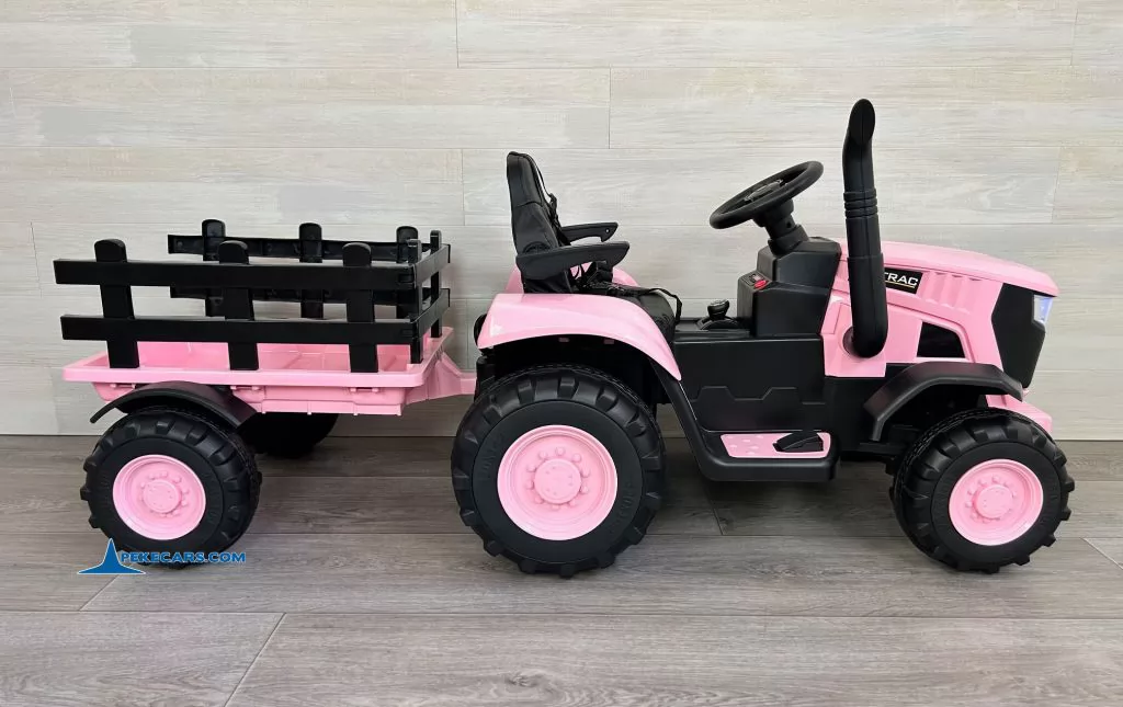 tractores infantiles peketrac 4200 12v rosa con remolque lado izquierda