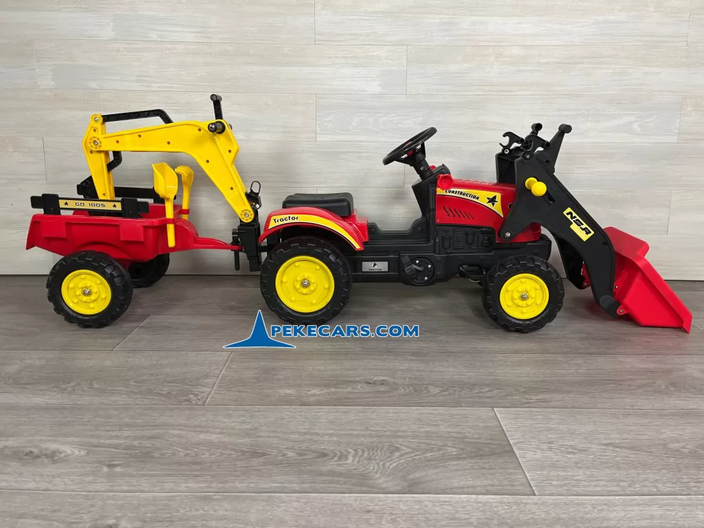 Tractor a pedales para niños con pala remolque y excavadora