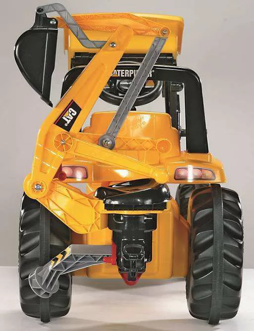 Detalle de la parte trasera del tractor cat con pala delantera y excavadora trasera