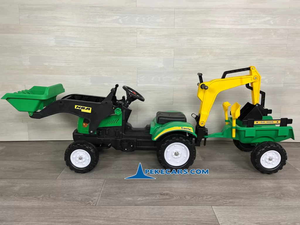 Tractor a pedales con pala delantera, remolque y retroexcavadora verde