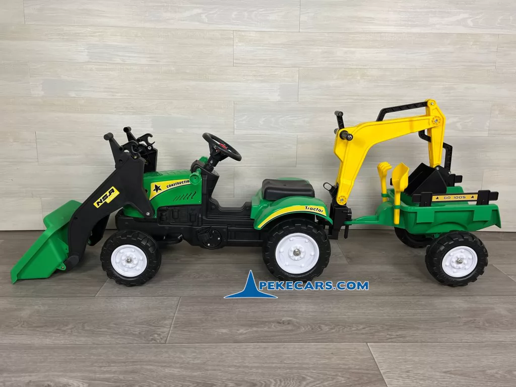 Tractor a pedales infantil con pala delantera, remolque y retroexcavadora verde lateral