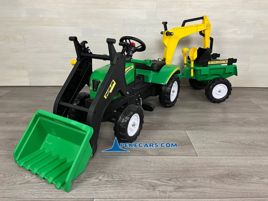 Tractor a pedales para niños con pala delantera, remolque y retroexcavadora verde