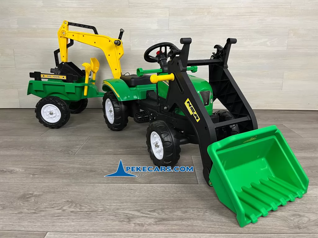 Tractor a pedales para niños con pala delantera, remolque y retroexcavadora verde