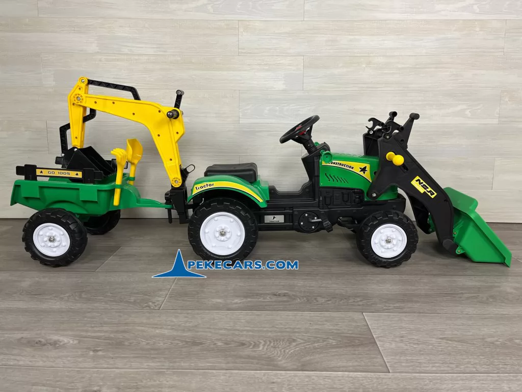 Tractor a pedales con pala delantera, remolque y retroexcavadora verde