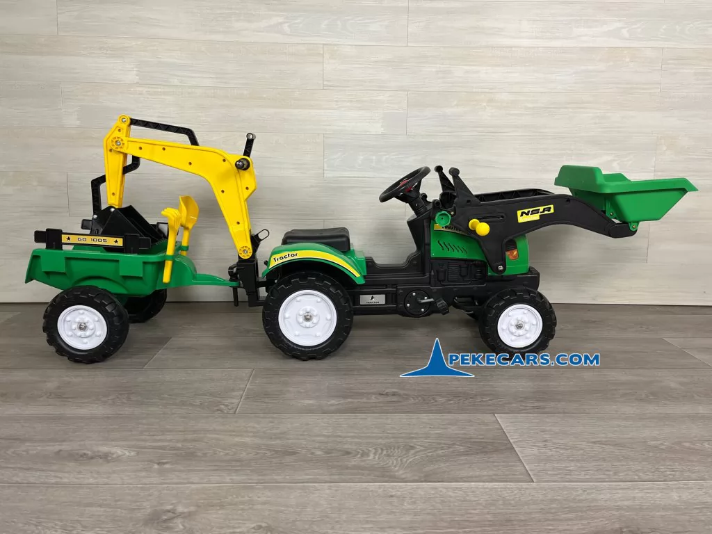 Tractor a pedales infantil con pala delantera, remolque y retroexcavadora verde lateral
