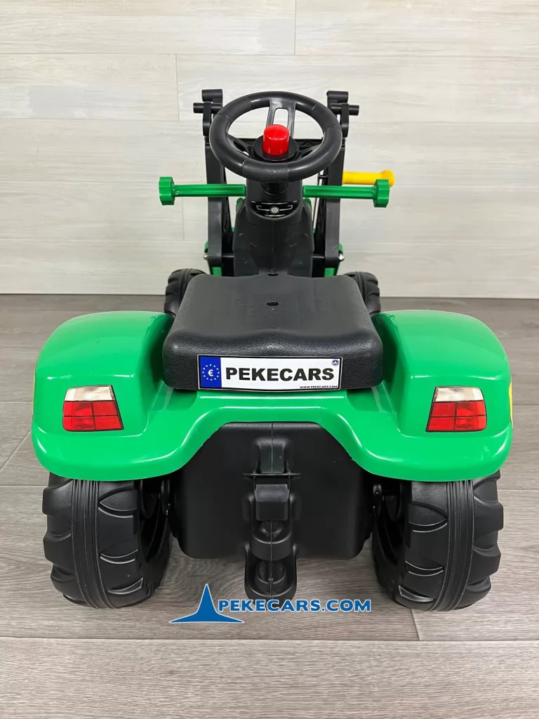 Tractor a pedales para niños con pala delantera, remolque y retroexcavadora verde vsita trasera