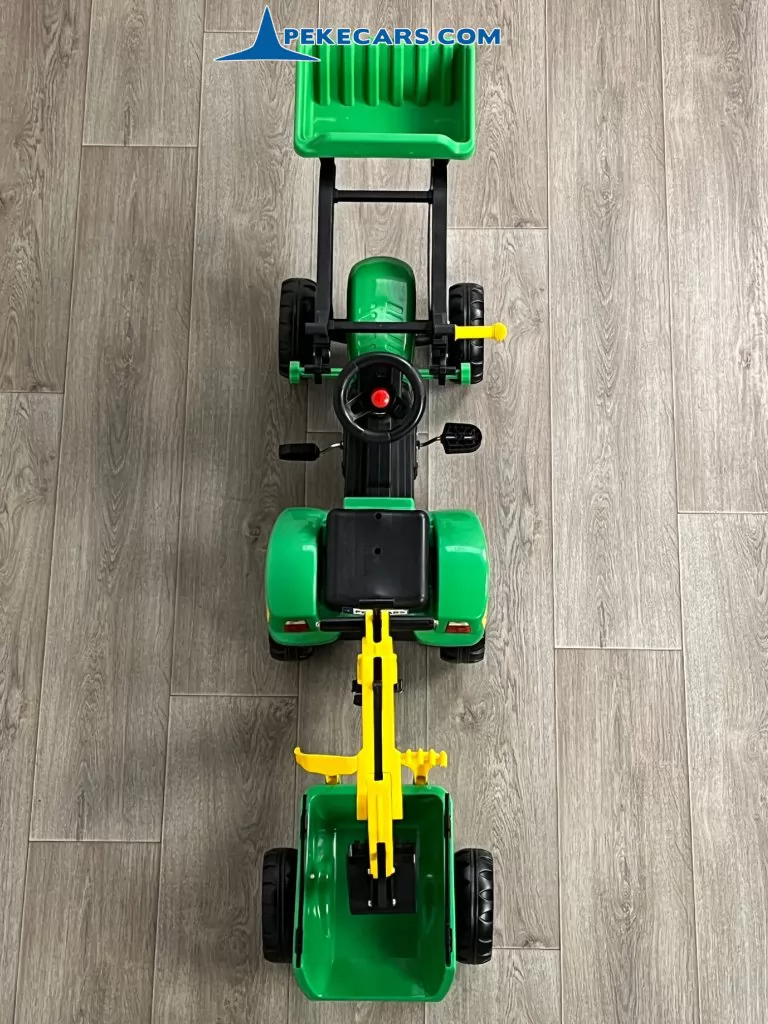 Tractor a pedales infantil con pala delantera, remolque y retroexcavadora verde