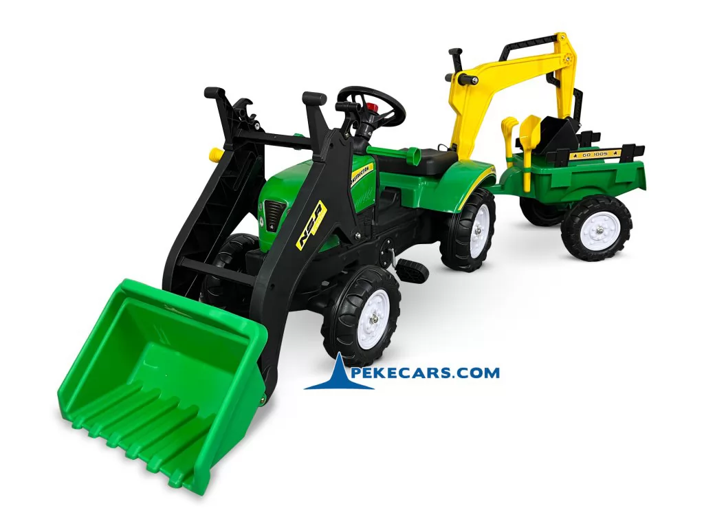 Tractor a pedales con pala delantera, remolque y retroexcavadora verde