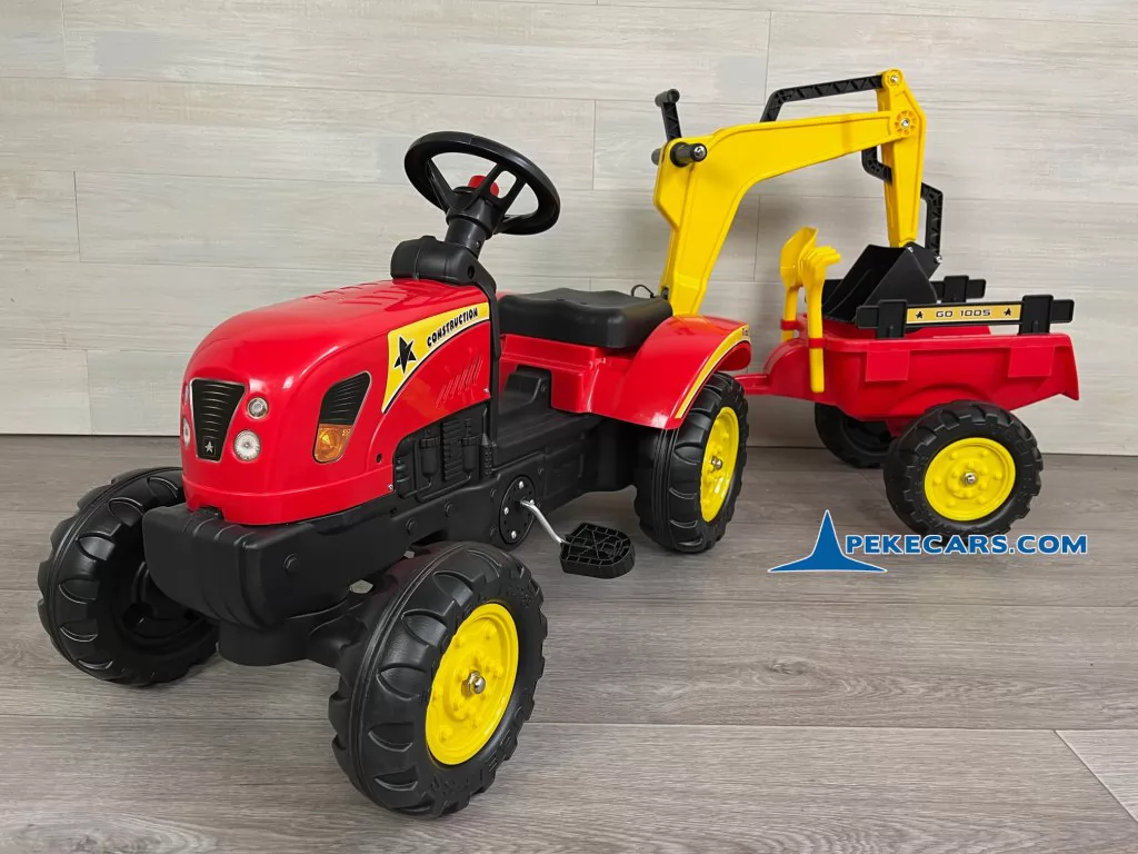 Tractor a pedales infantil rojo con remolque y retroexcavadora