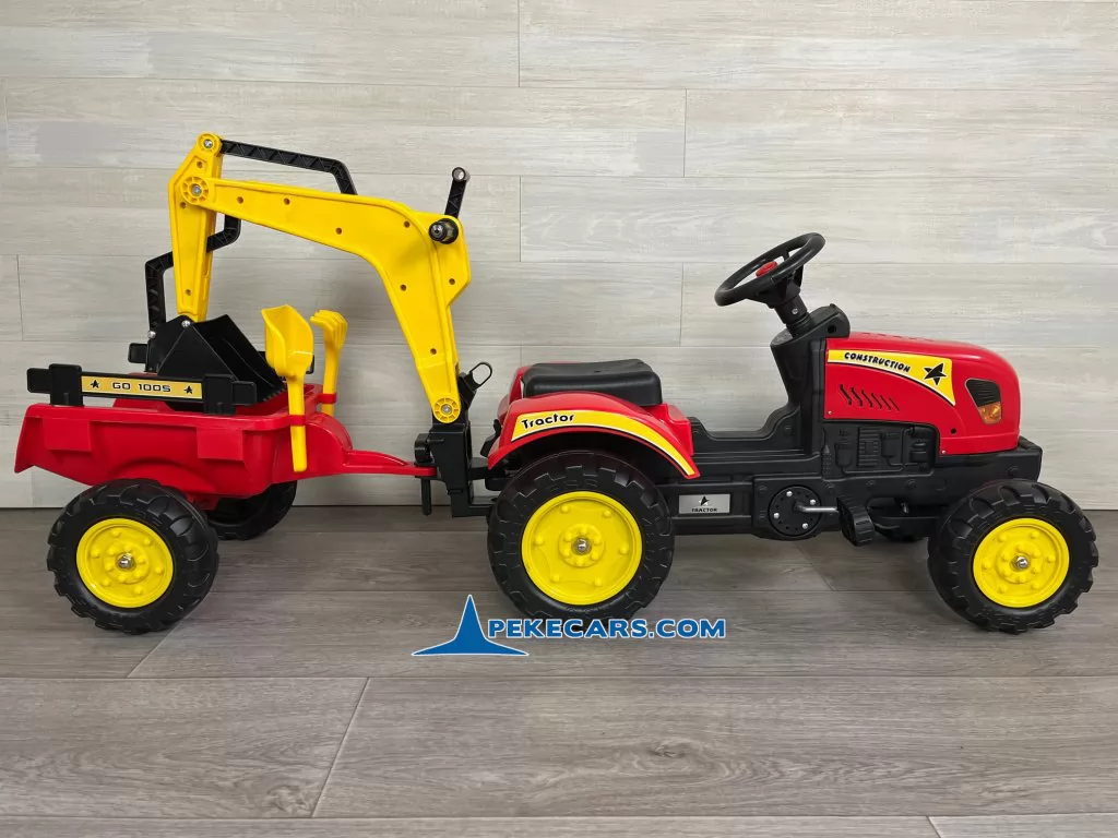 Tractor a pedales infantil rojo con remolque y retroexcavadora lateral