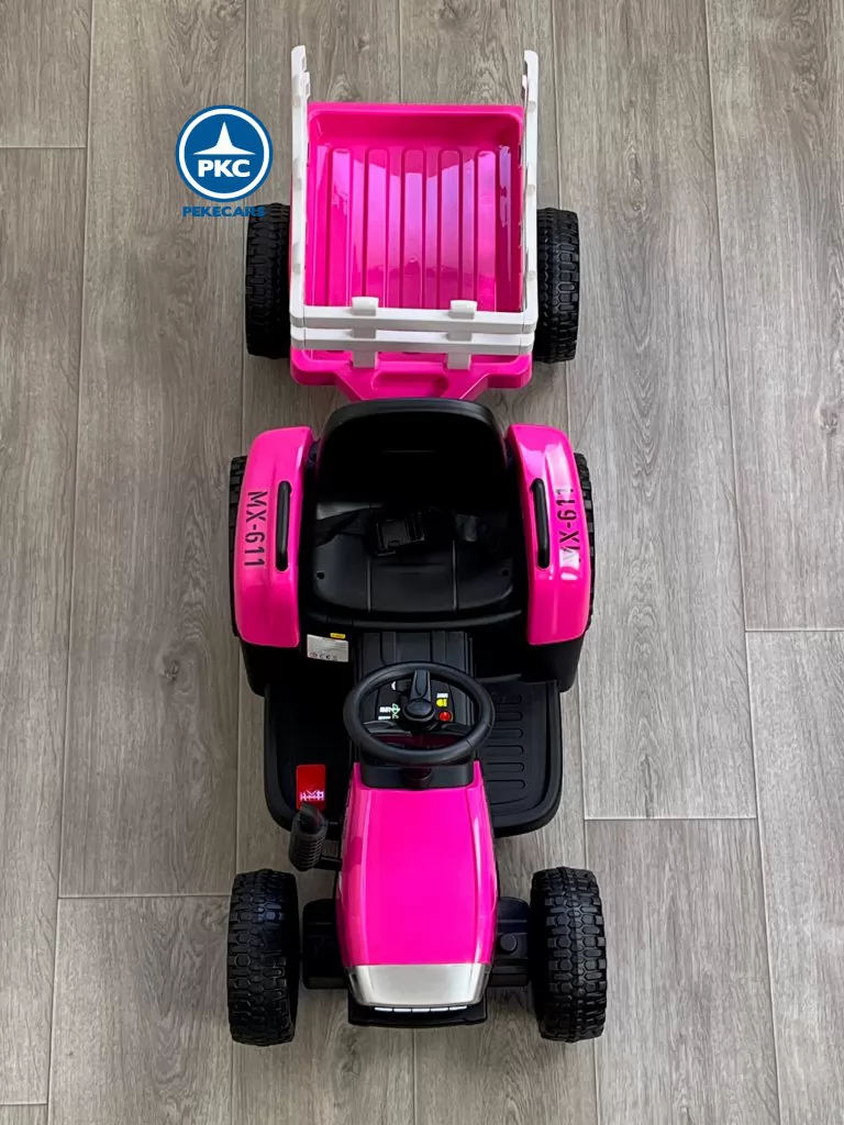 Tractor eléctrico para niños Peketrac 5100 12V Rosa con remolque