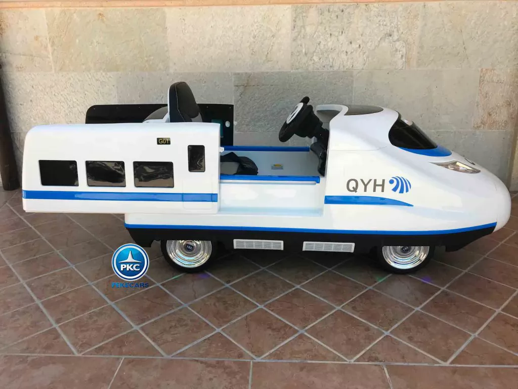 Tren electrico para niños Pekecars Blanco vista lateral puertas abiertasa